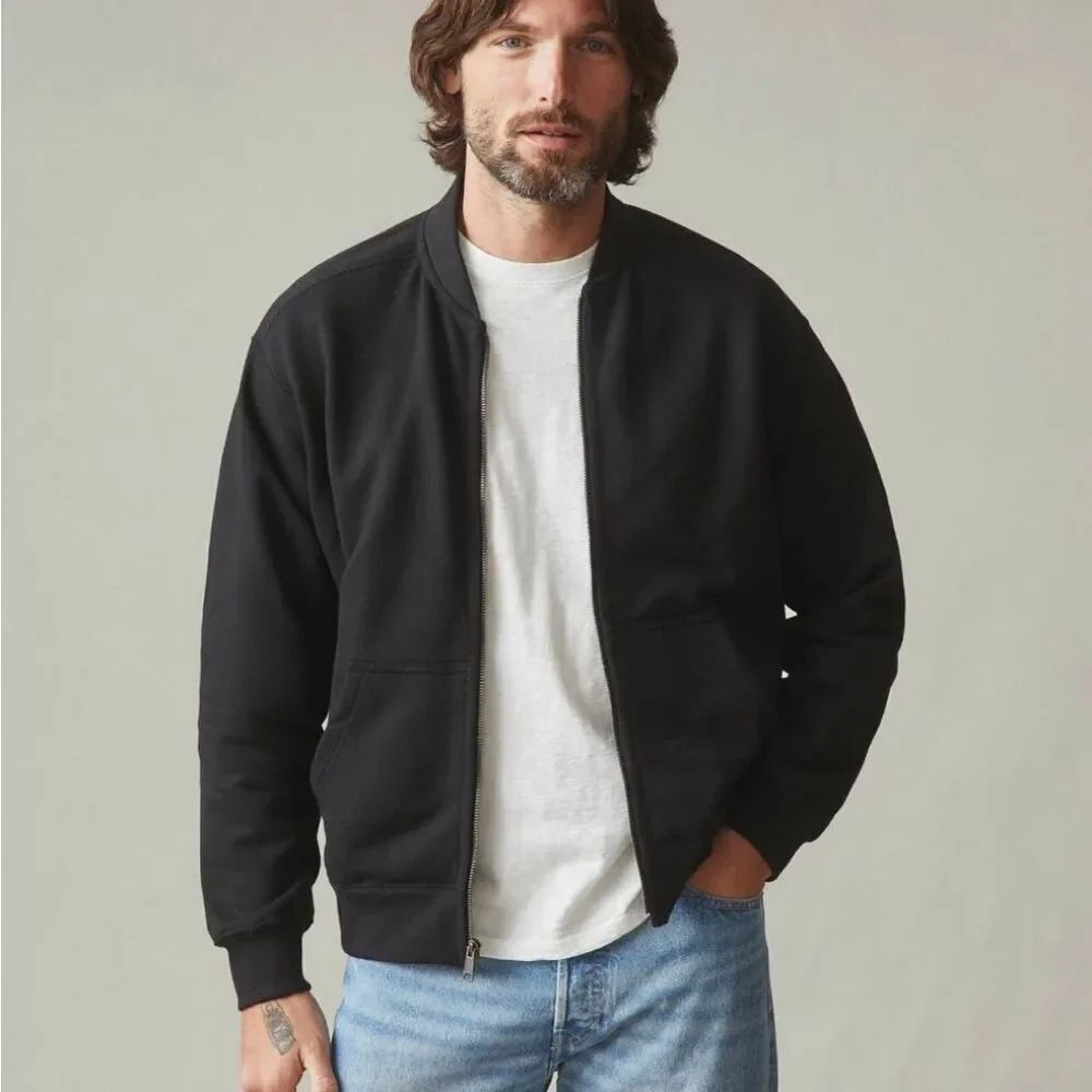 NEW American Giant Fleece Bomber Jacket Black Thick Cotton Size L